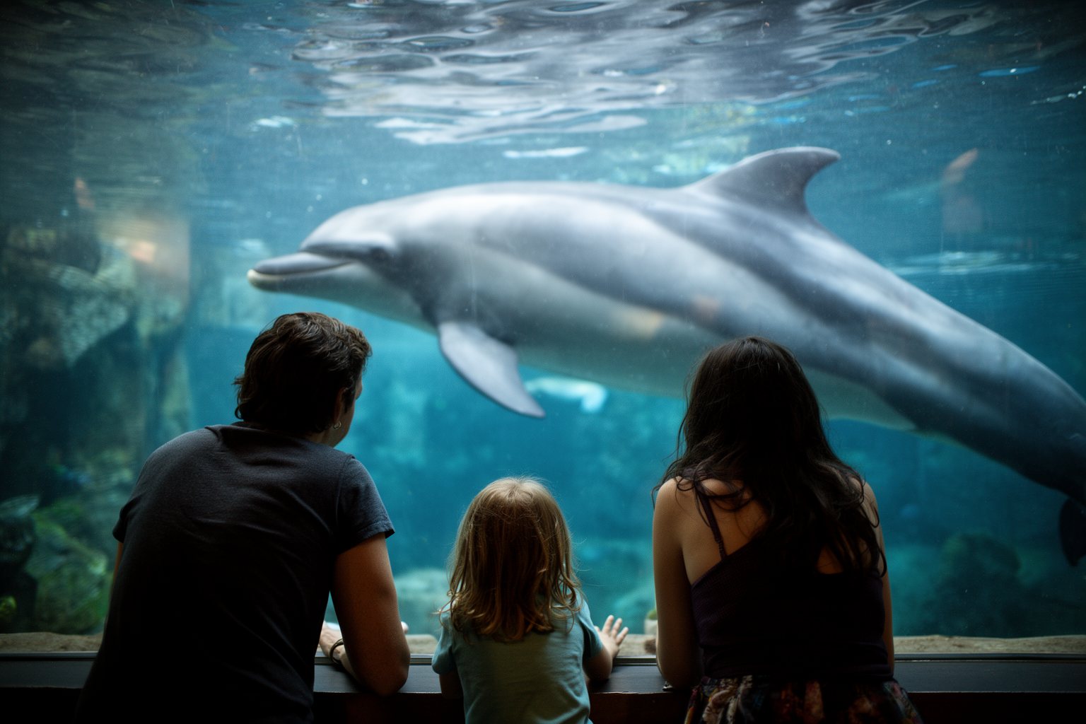 SeaWorld Family Guide: Surviving a Day at SeaWorld Orlando Family watching dolphins glide past an underwater viewing window at SeaWorld Orlando