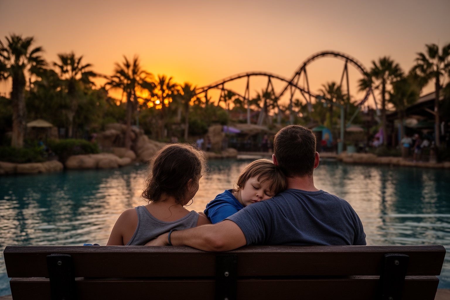 SeaWorld Family Guide: Surviving a Day at SeaWorld Orlando Family resting on a bench by the lagoon at SeaWorld Orlando at sunset