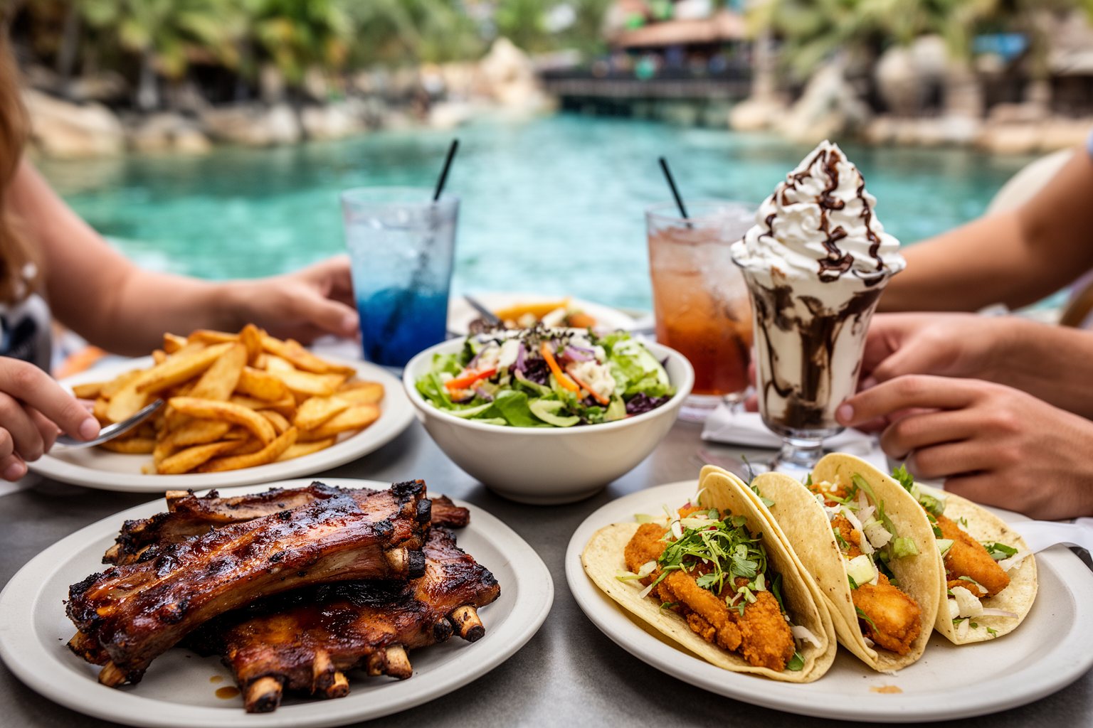 Sea World Orlando Restaurants: 10 Spots Worth Finding Barbecue, fish tacos and dessert from SeaWorld Orlando restaurants on one table