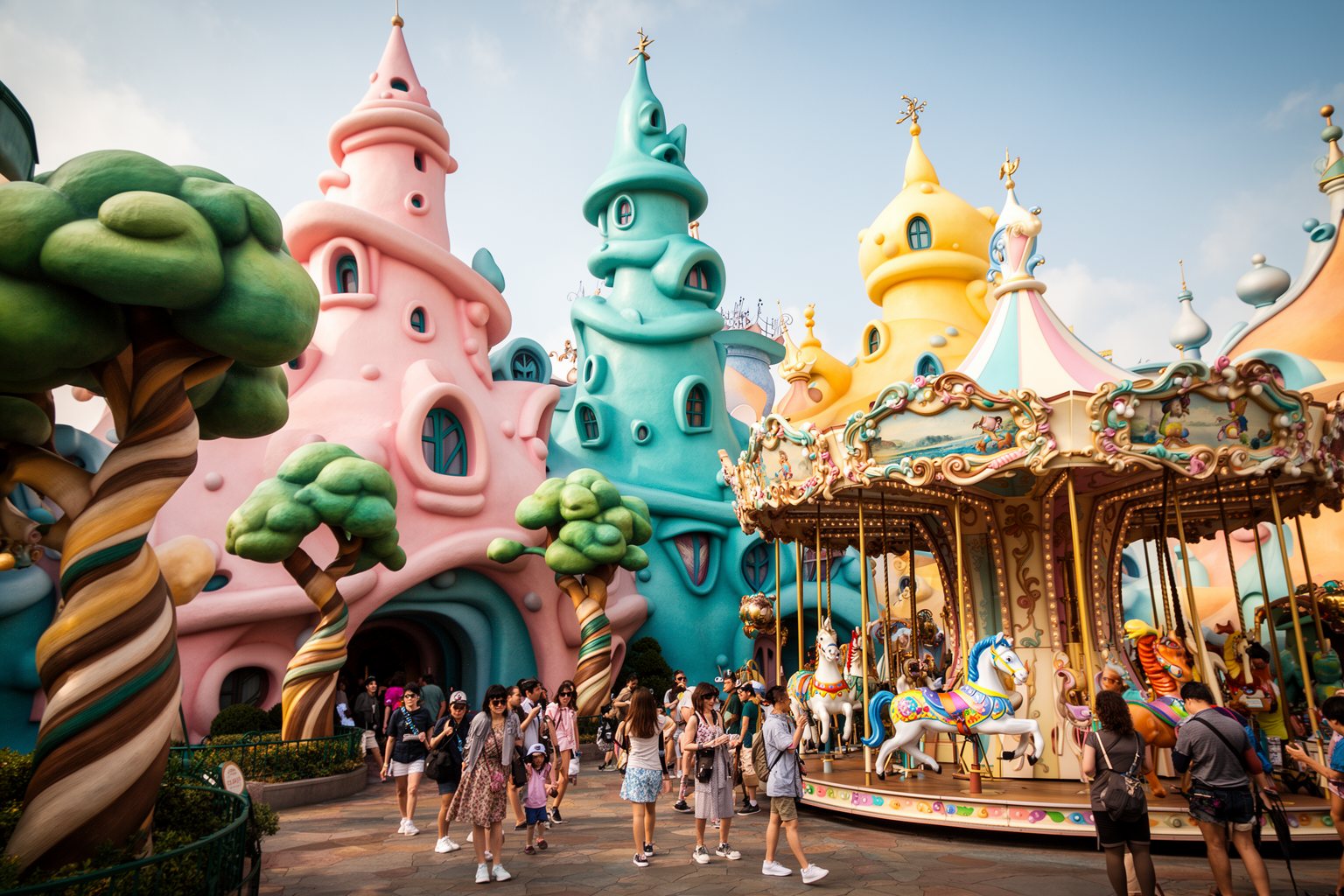 Curvy pastel buildings and whimsical trees in Seuss Landing
