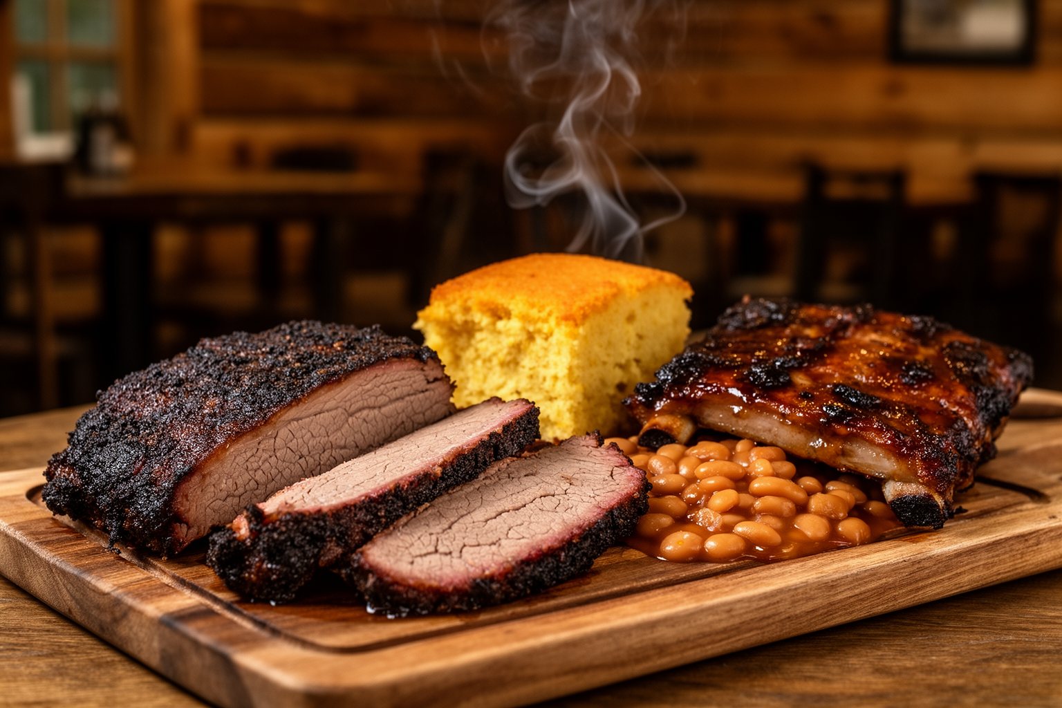 Sea World Orlando Restaurants: 10 Spots Worth Finding Smoked brisket and ribs platter with cornbread at Voyager's Smokehouse