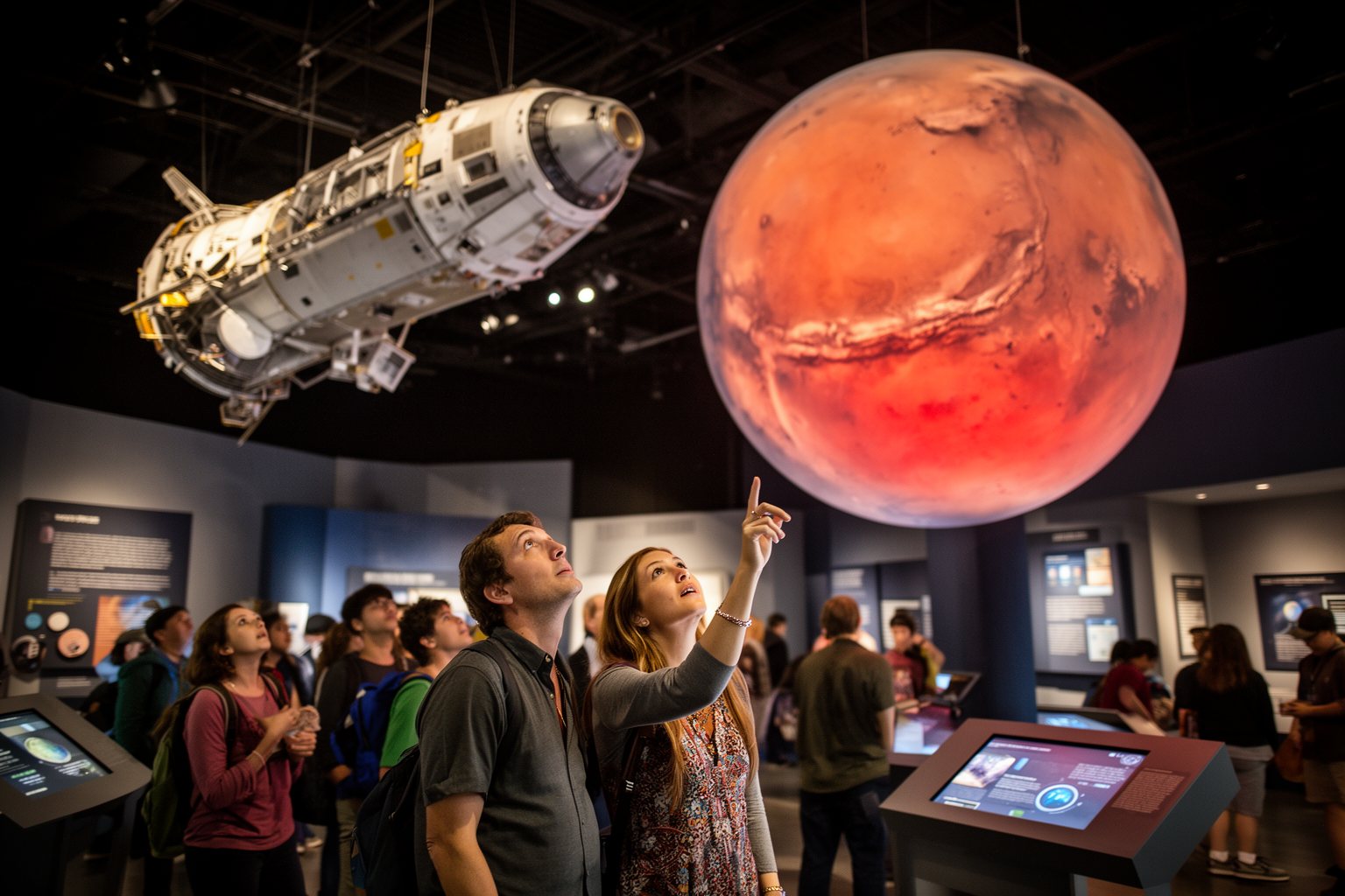 Visitors beneath a large Mars globe and spacecraft in the Kennedy Space Center exhibit hall