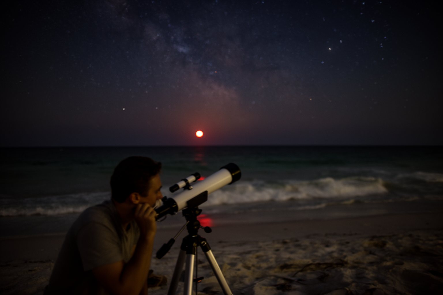 Stargazer with a telescope on a Florida beach as Mars glows red in the night sky