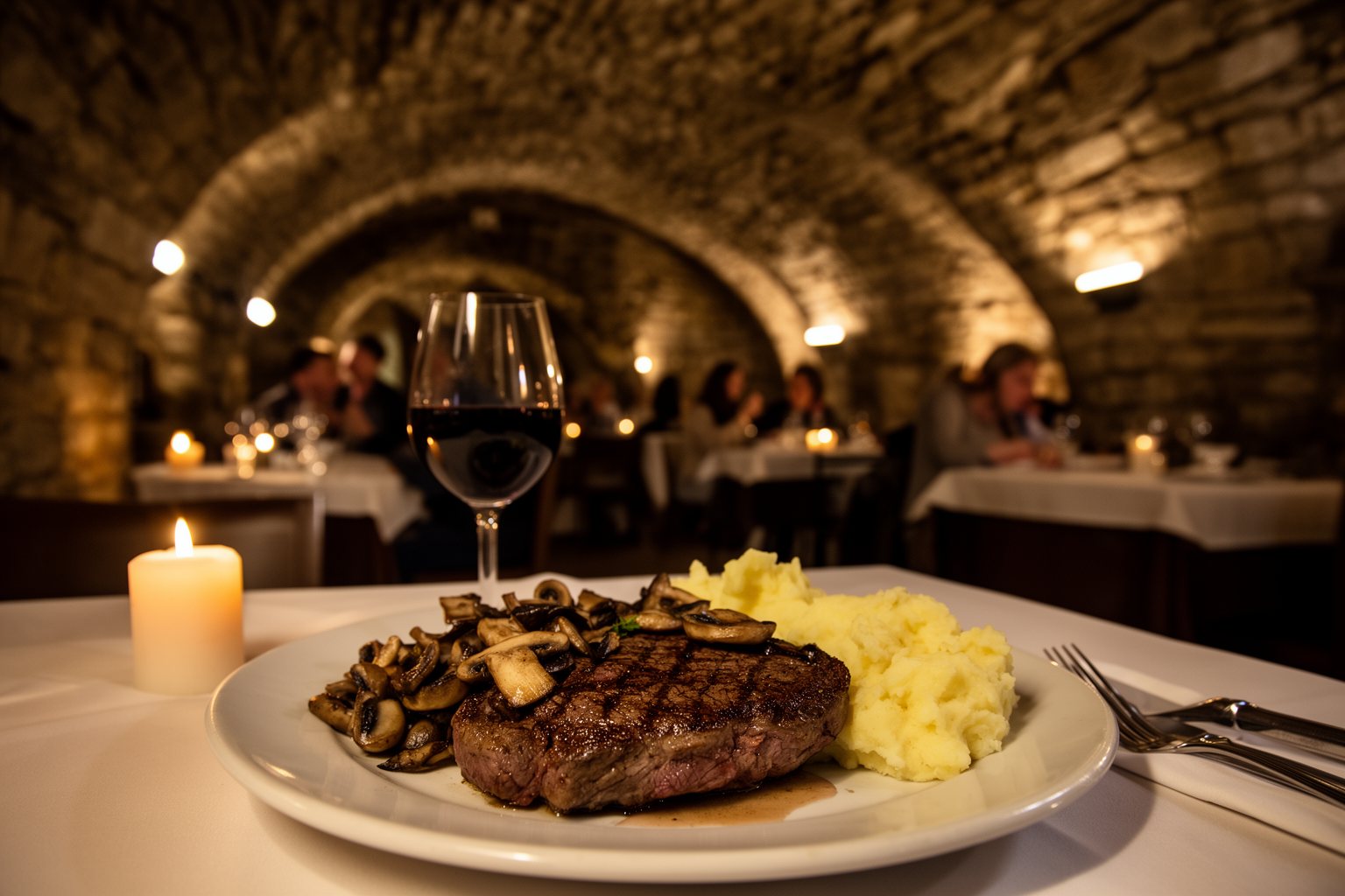 Steak and red wine in the stone-vaulted cellar of Le Cellier Steakhouse
