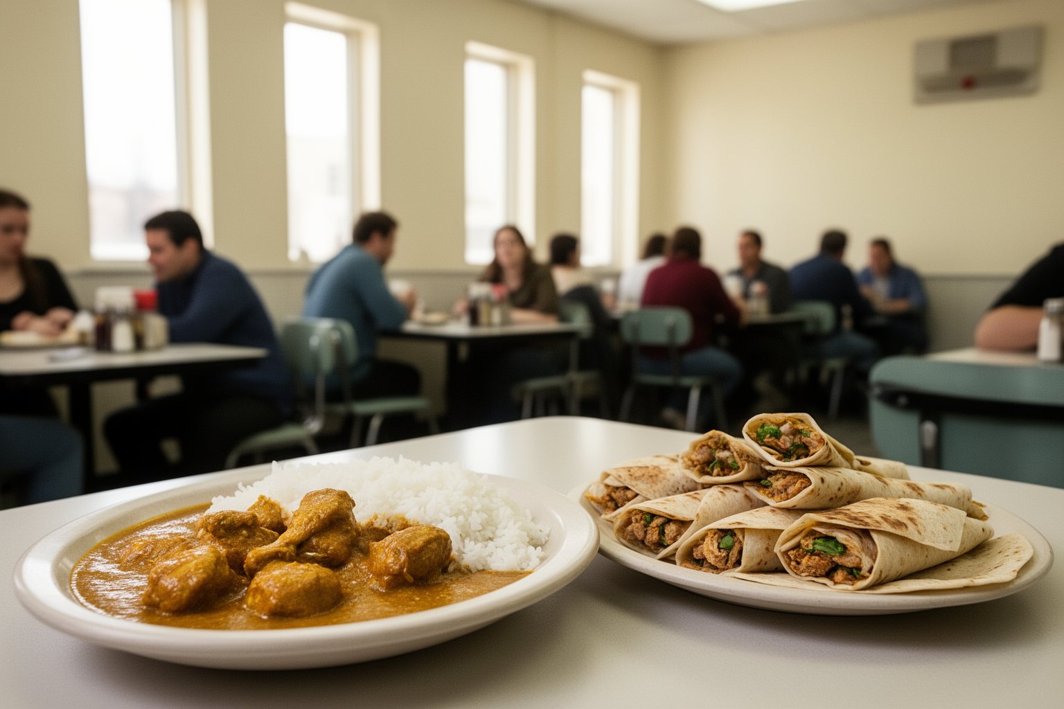 Hollywood Studios Food Spots: Where to Eat Like a Star Diners with curry and shawarma plates in the studio commissary at Hollywood Studios