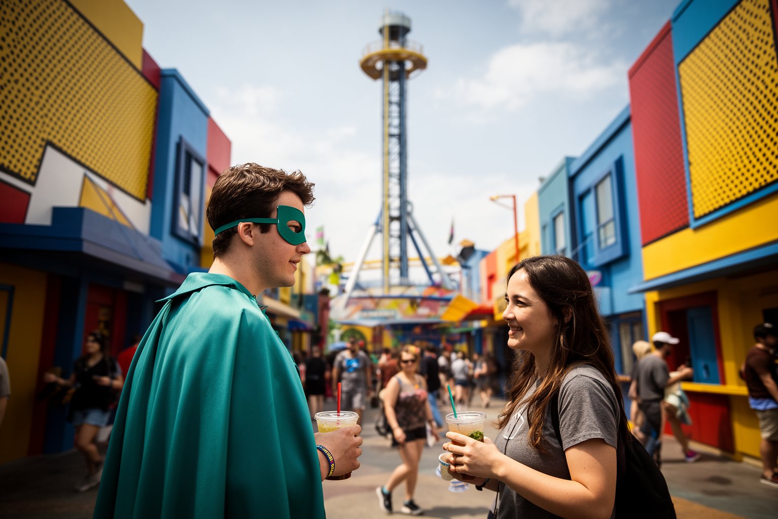 Comic-book style facades and a launch tower ride on Marvel Super Hero Island