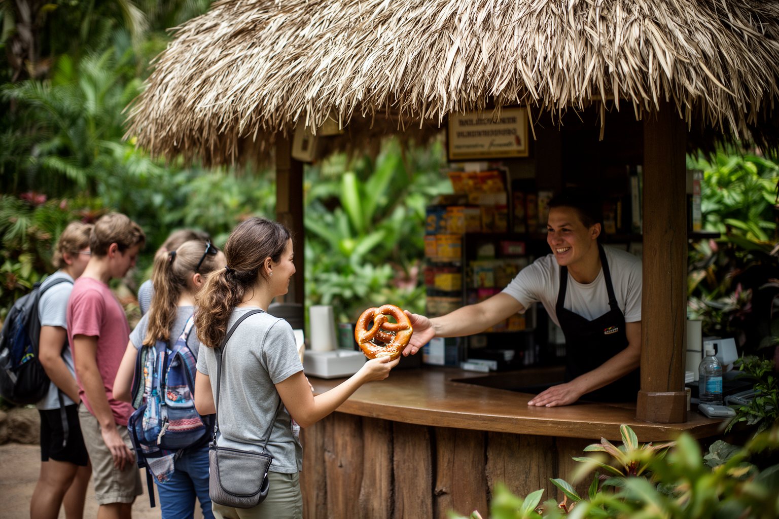 Busch Gardens Tampa Food: A Foodie's Guide to the Park Visitor buying a warm pretzel from a thatched snack kiosk at Busch Gardens
