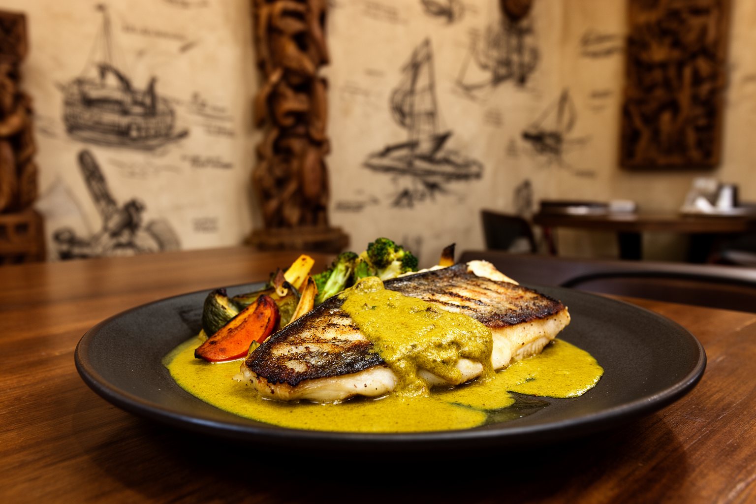Plated fish with curry sauce and vegetables at Tiffins in Animal Kingdom