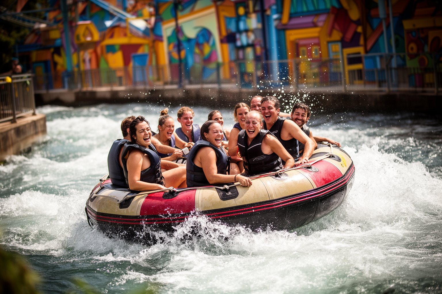 Riders getting soaked on a round raft ride through Toon Lagoon