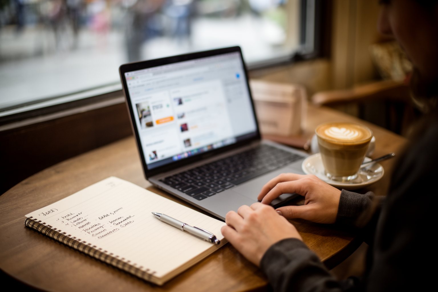 Traveler comparing hotels near SeaWorld Orlando on a laptop at a café table