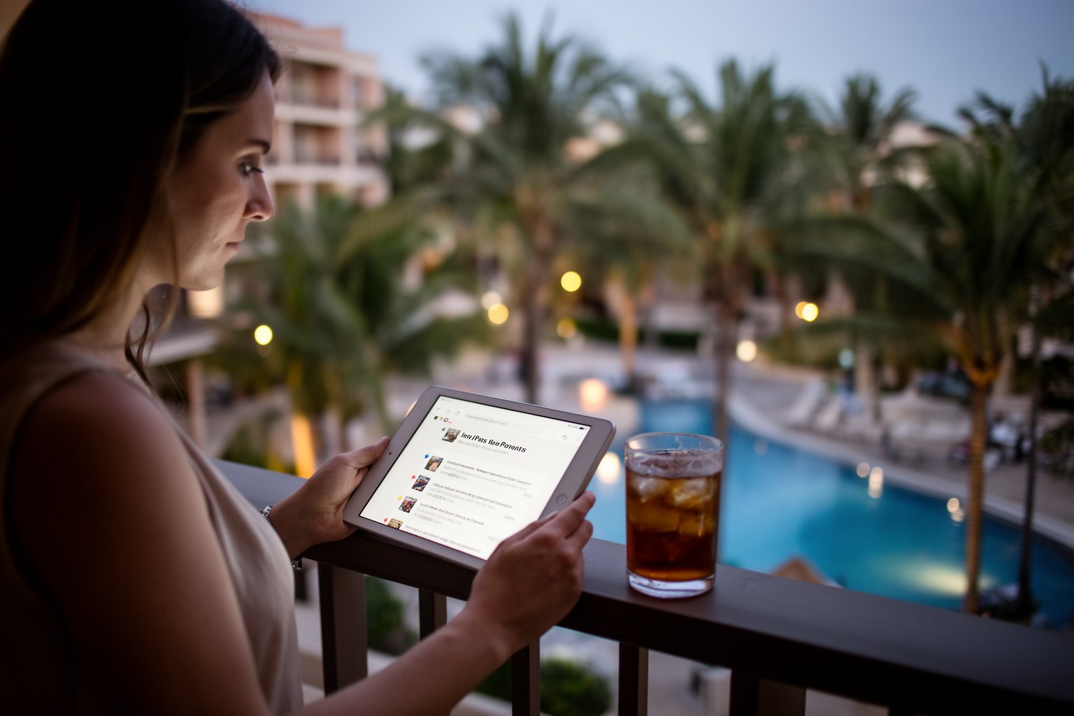 Legoland Florida vs Disney World vs Universal Studios Traveler reading theme park reviews on a tablet on a hotel balcony at dusk
