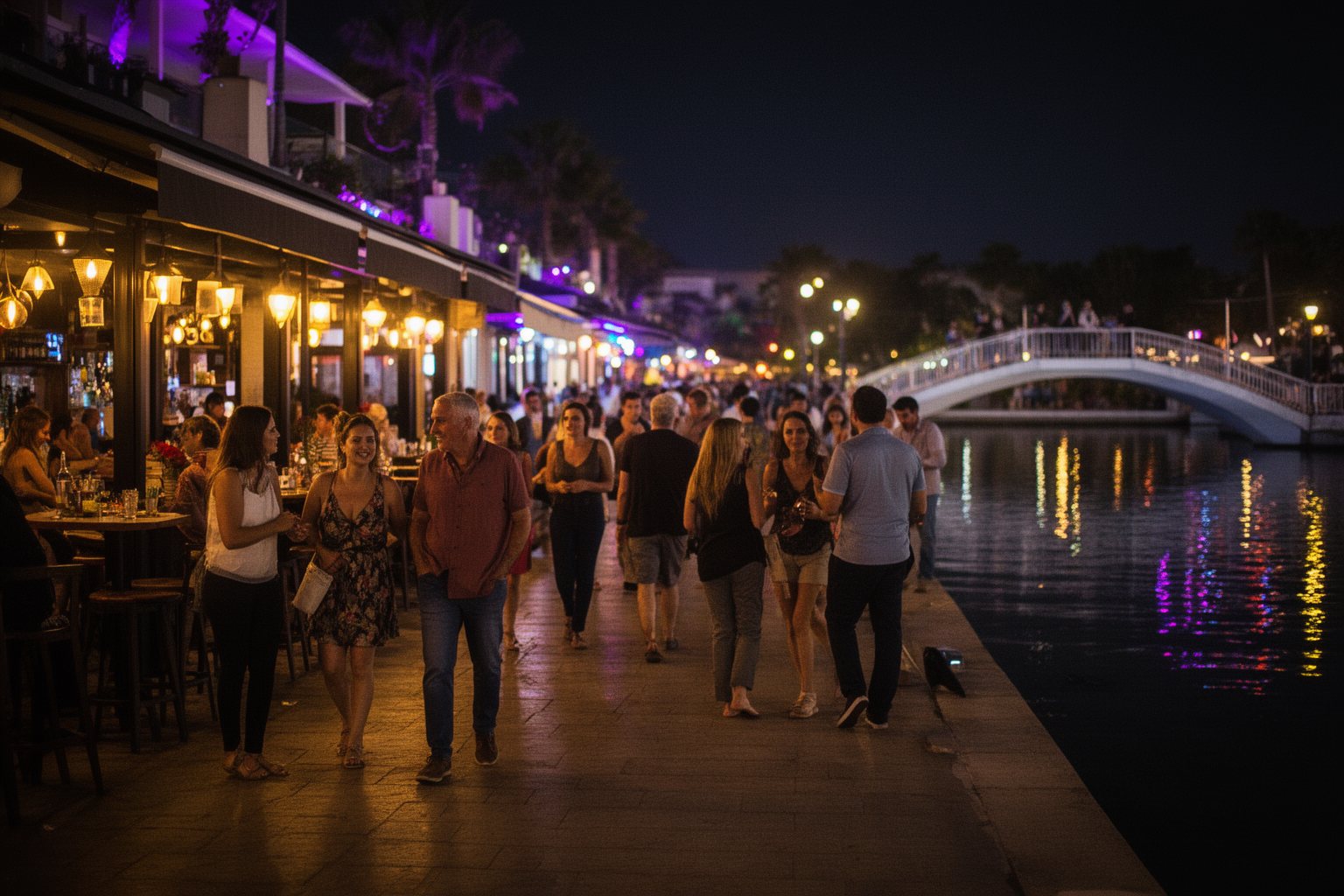 Universal Studios Orlando Nightlife: Rides, Shows and Eats Visitors on the lagoon-side CityWalk promenade at night at Universal Orlando