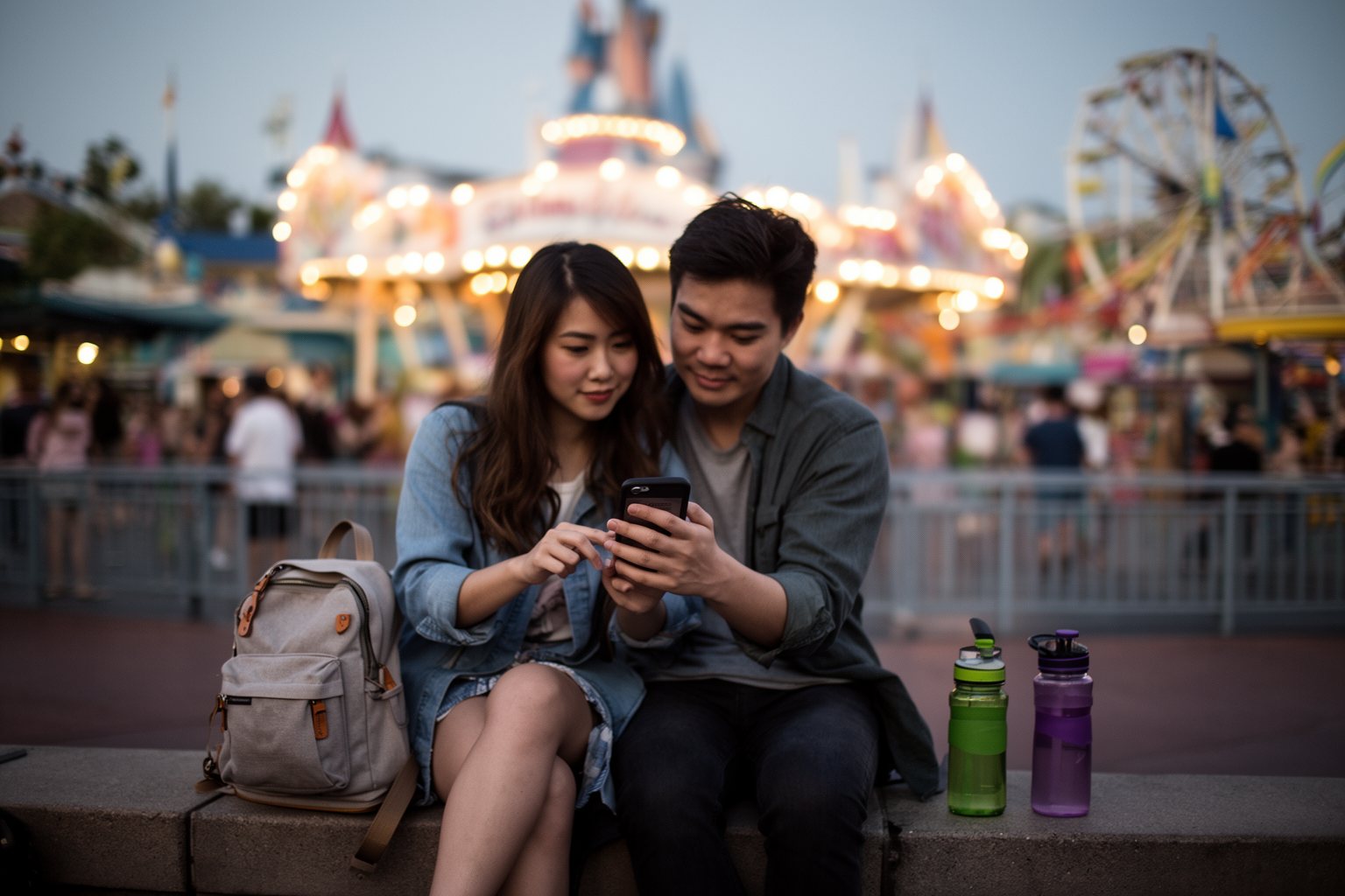 Universal Studios Orlando Nightlife: Rides, Shows and Eats Couple planning their evening at Universal Orlando on a phone at dusk