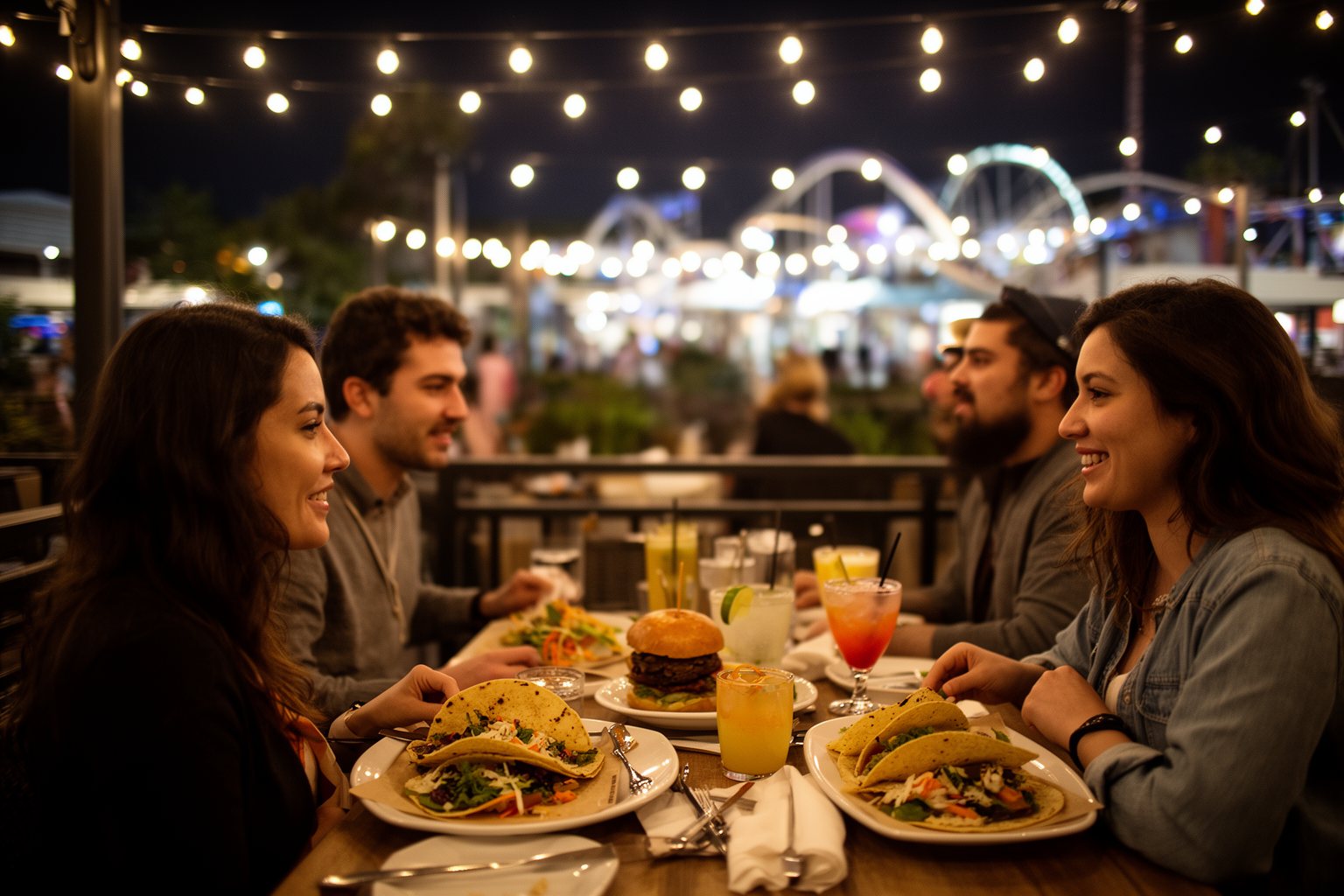 Universal Studios Orlando Nightlife: Rides, Shows and Eats Friends dining on a string-lit patio at Universal Orlando after dark