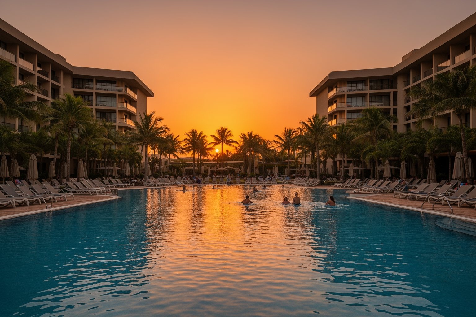 Universal Studios Florida Hotels: Hidden Gems Compared Resort pool and hotel buildings at sunset at Universal Orlando