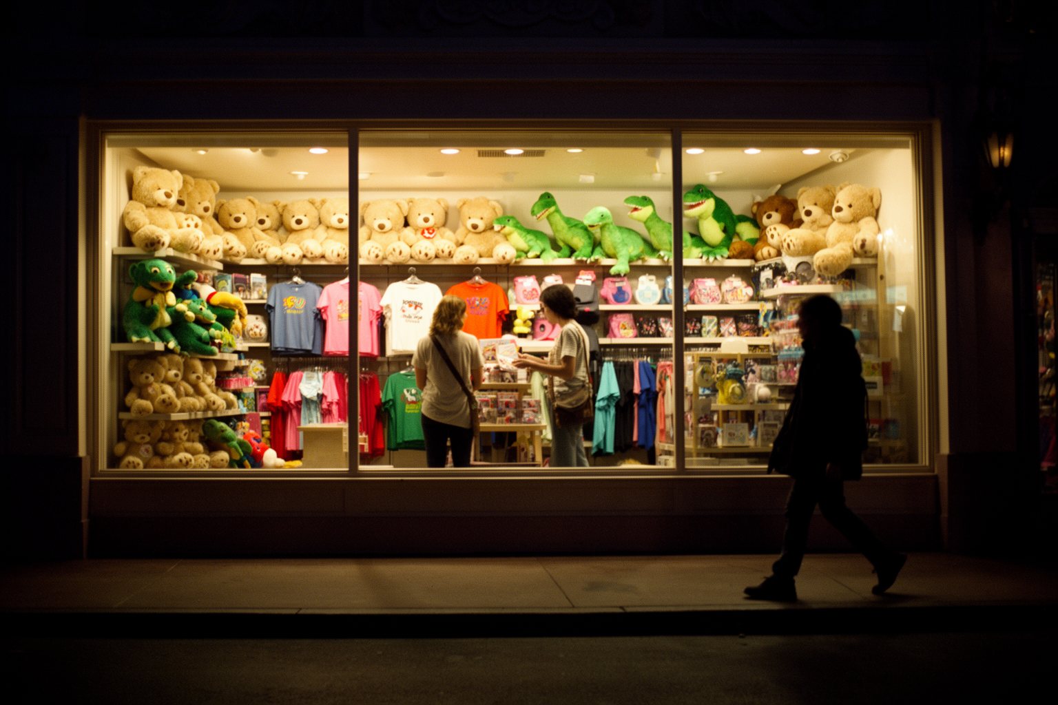 Universal Studios Orlando Nightlife: Rides, Shows and Eats Couple browsing a brightly lit souvenir shop at Universal Orlando at night