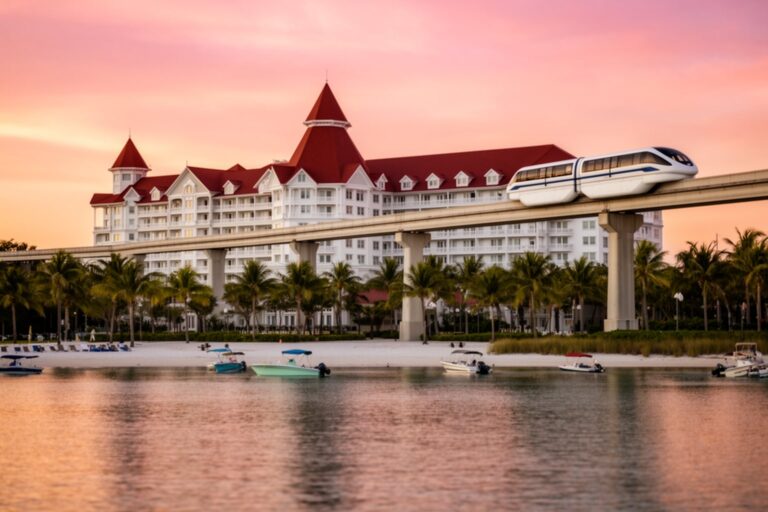 5 Luxurious Disney World Hotels Worth the Splurge Monorail gliding past a white Victorian Disney deluxe resort across the lagoon at sunset