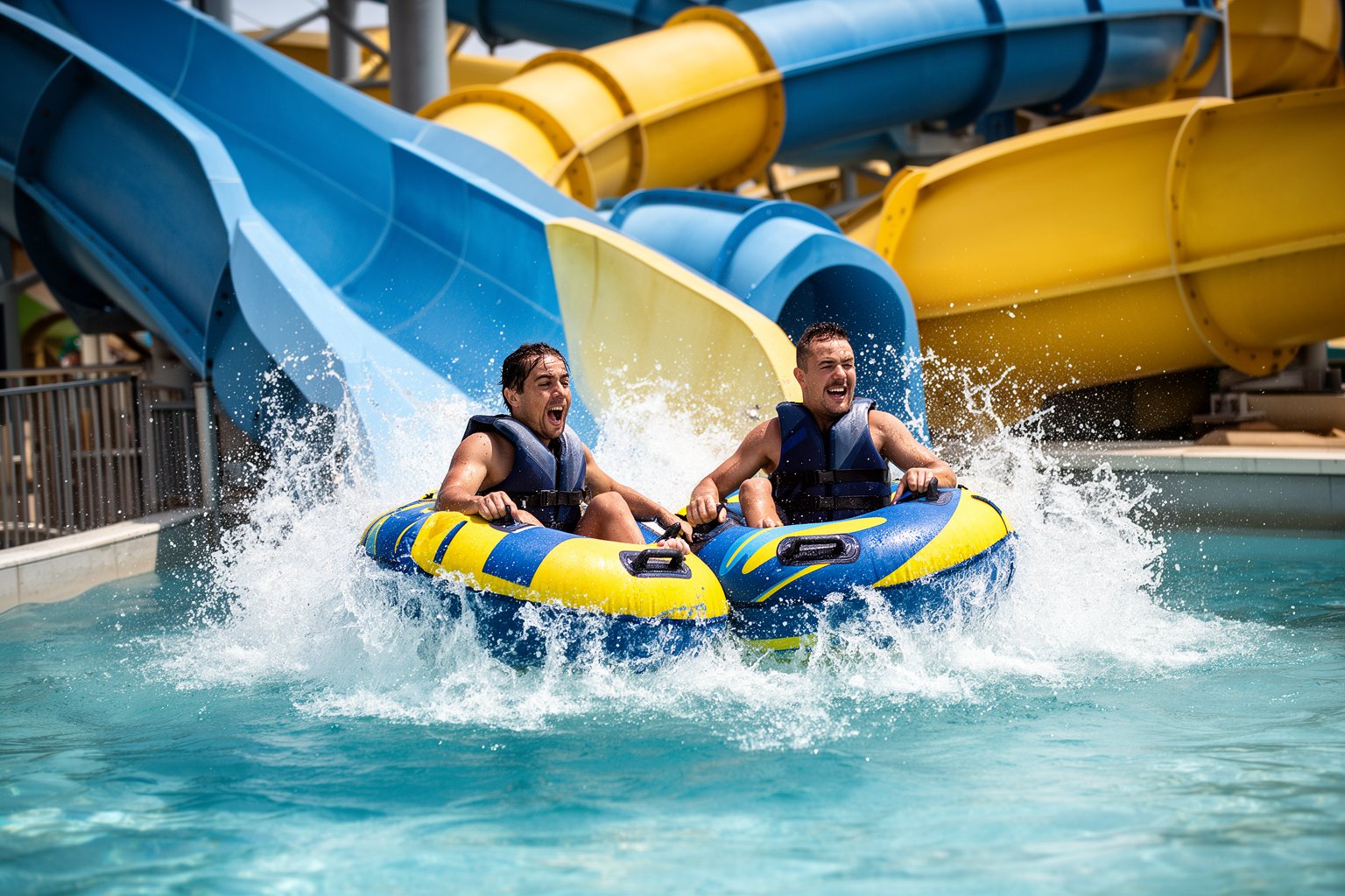 Two riders bursting out of a tube slide into a splash pool at Aquatica Orlando