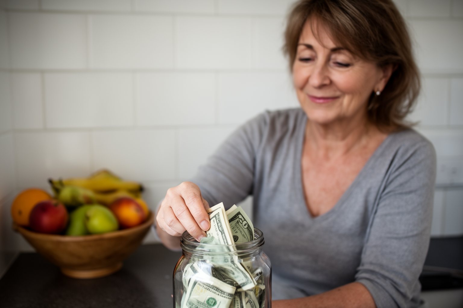 The Art of Building Wealth Woman adding cash to a savings jar on her kitchen counter, building wealth through saving