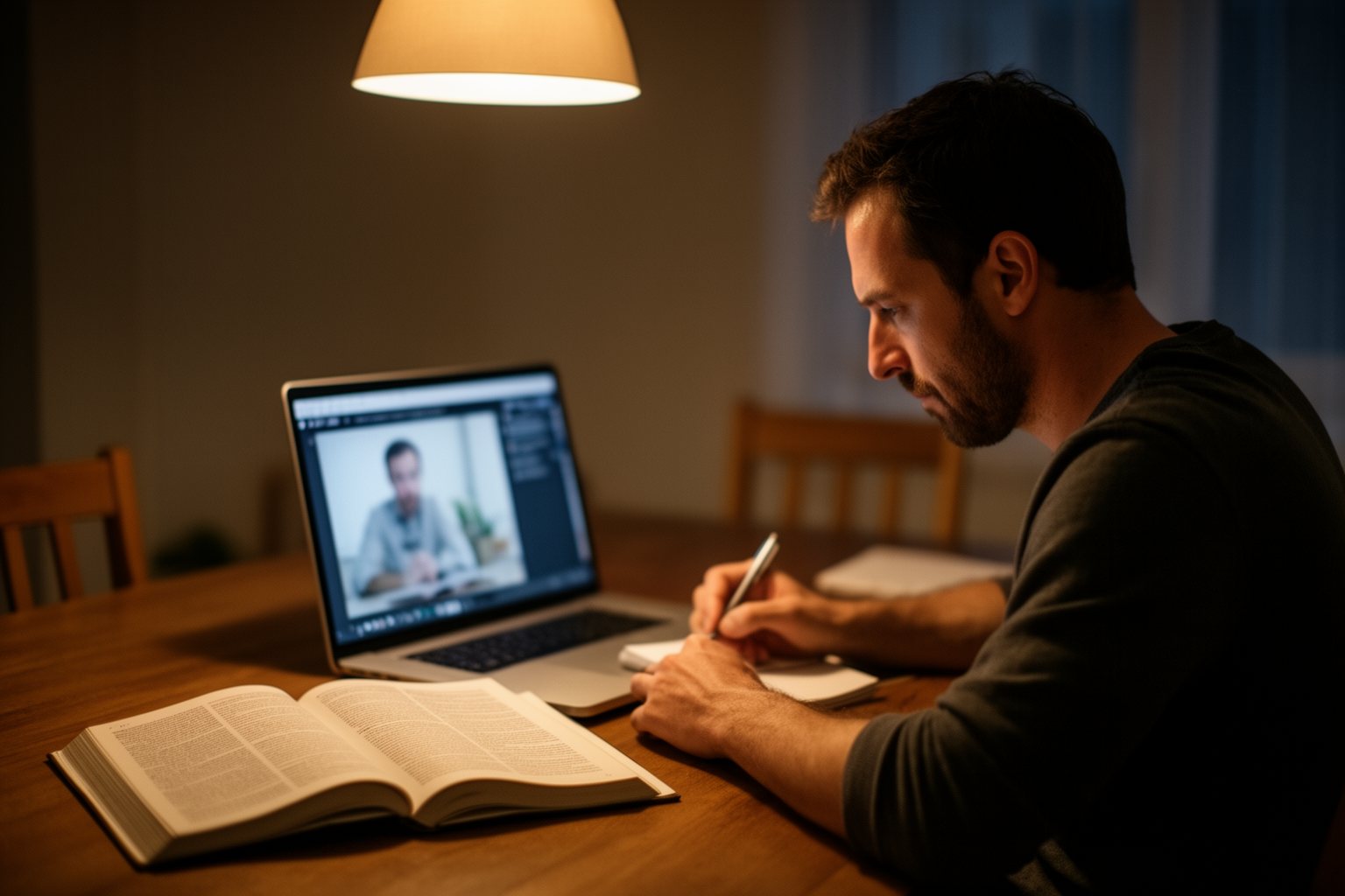 Adult learner taking notes during an online course at home in the evening
