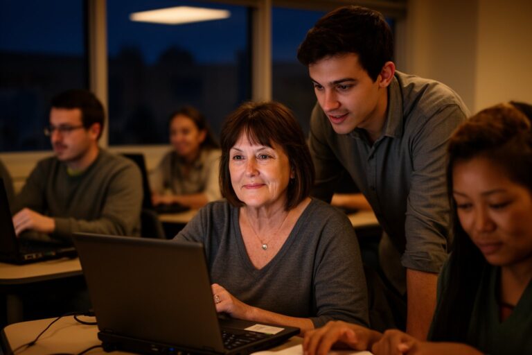Adult learners of different ages in an evening coding class with an instructor