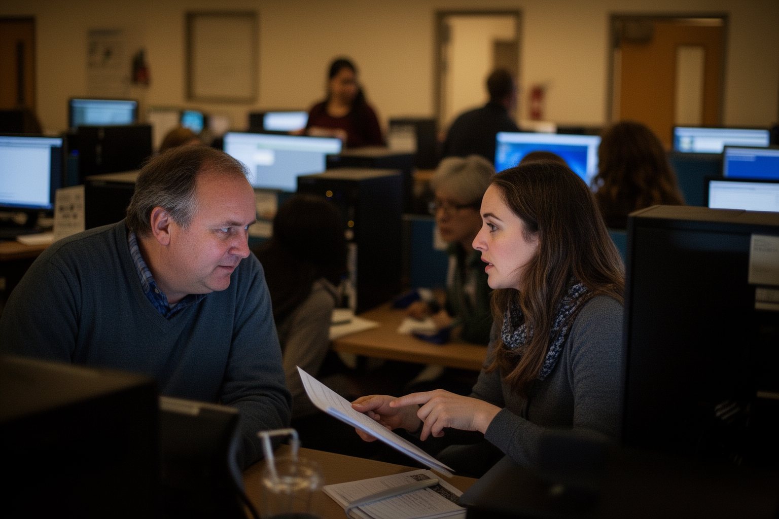Adult students upskilling in a community college computer lab