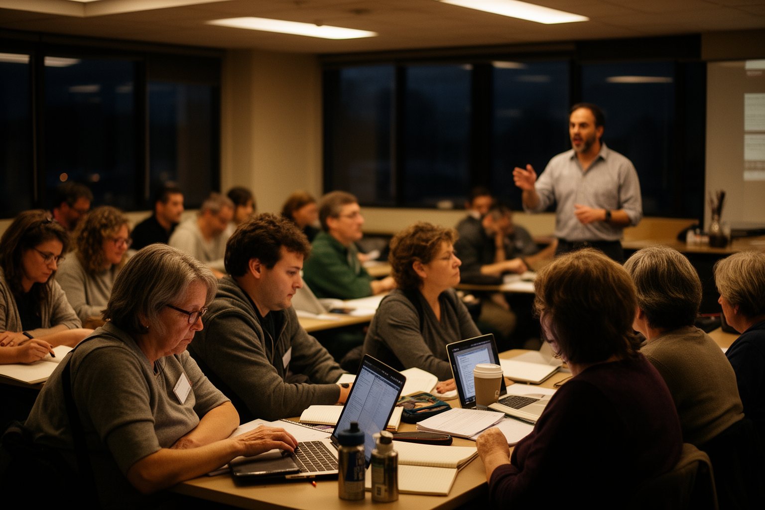 Adult students of different ages building new skills in an evening class
