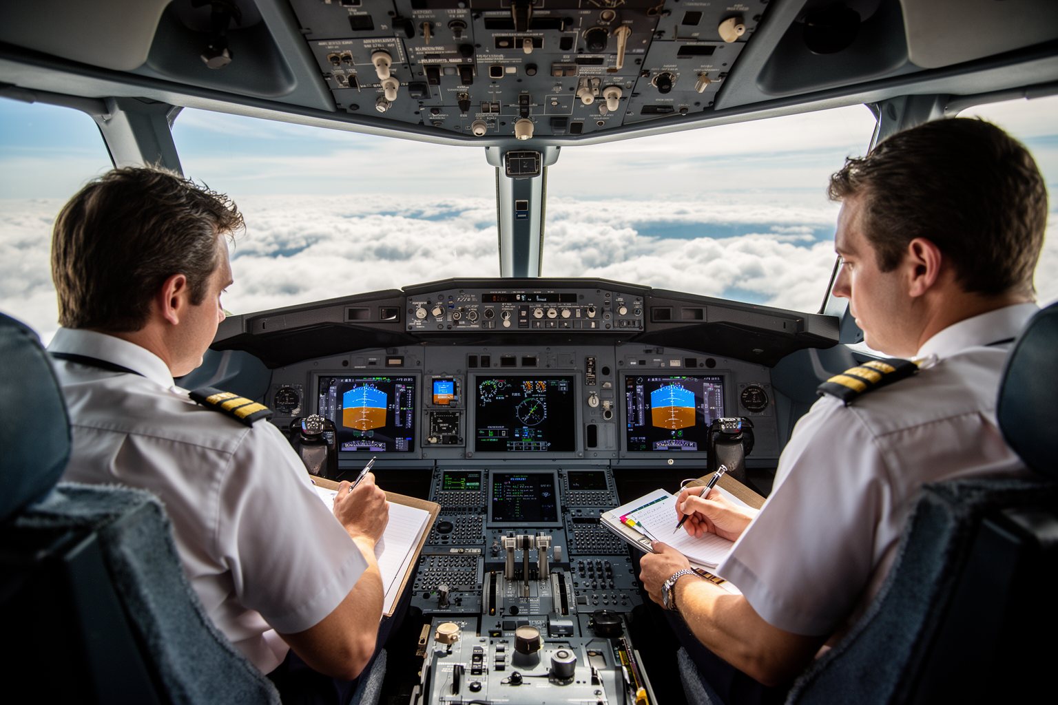 Deciphering AI and Augmented Intelligence: The Game Changers Airline pilots monitoring the instruments with autopilot engaged above the clouds