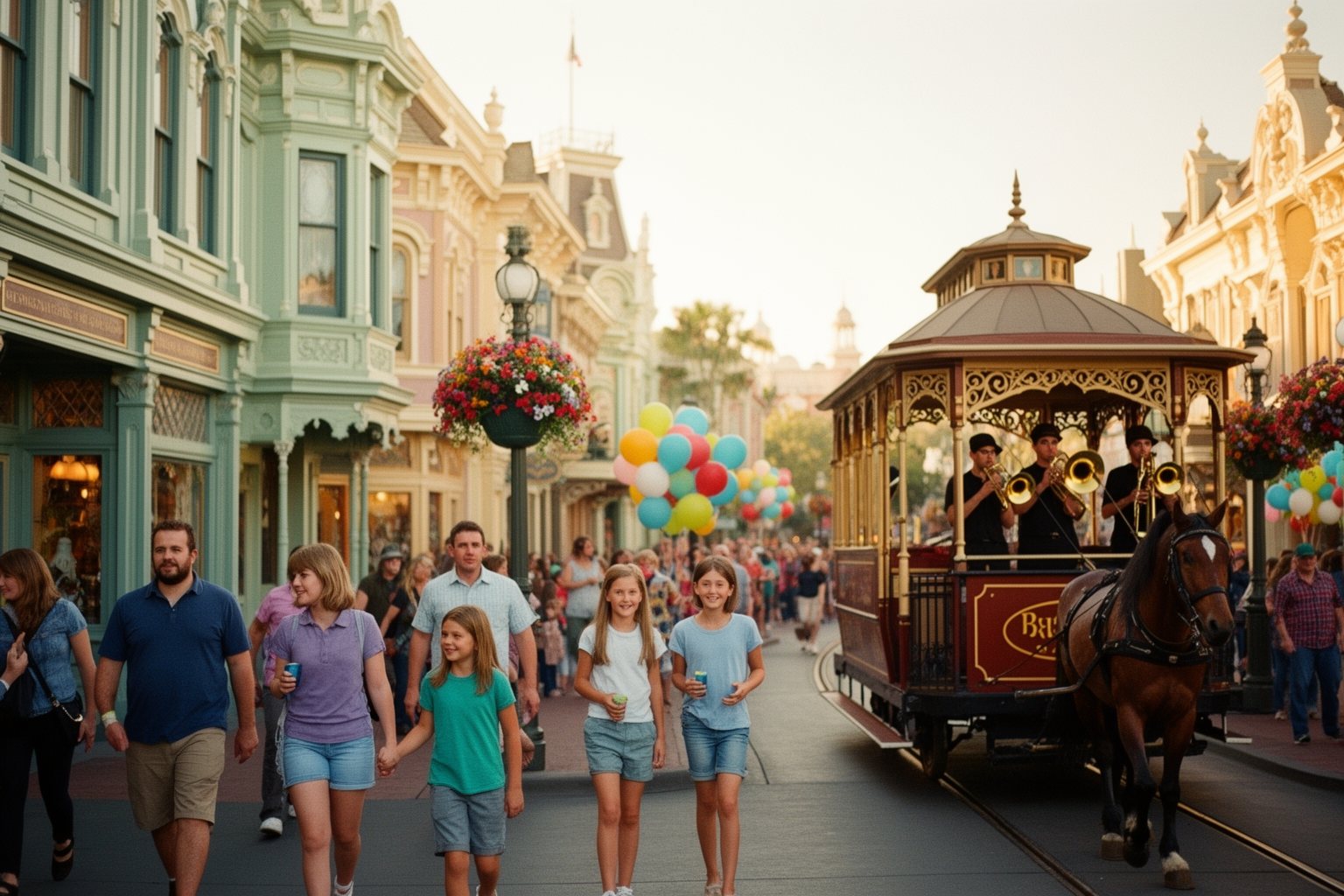 5 Best Family-Friendly Theme Parks Near Los Angeles Families strolling a Victorian-style main street with a vintage streetcar at a theme park in Anaheim