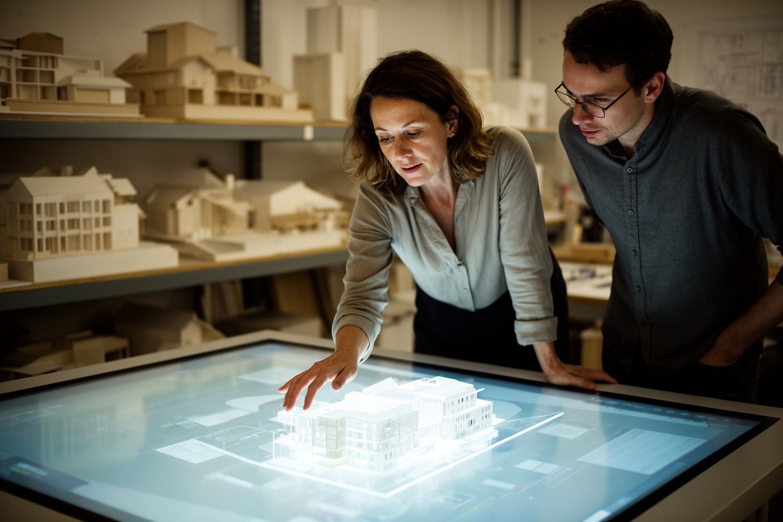 Deciphering AI and Augmented Intelligence: The Game Changers Architect working with a computer-generated 3D building model on a large touchscreen table