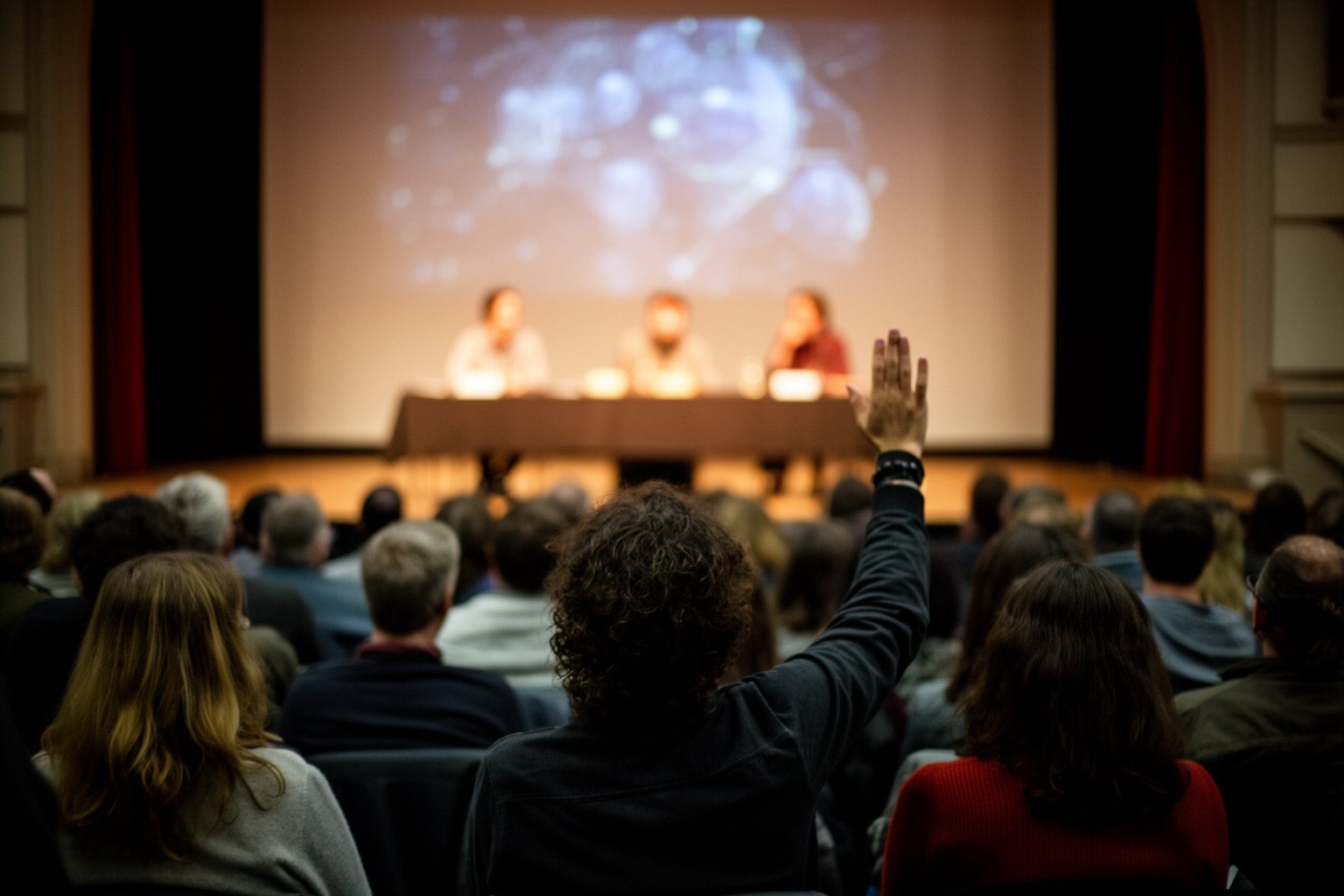 The AI Takeover: Myth or Imminent Reality? Audience listening to a panel discussion about AI in a public hall
