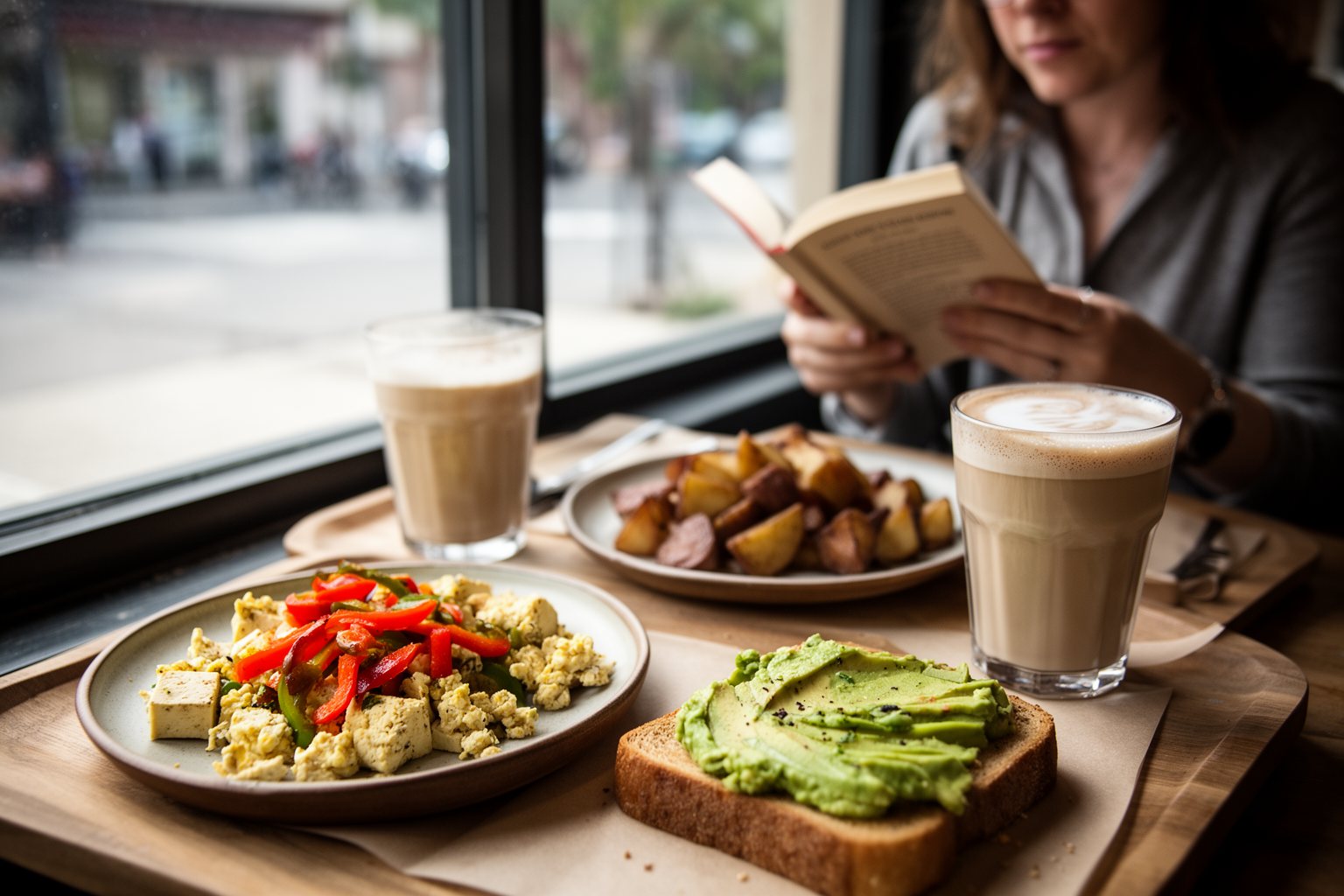 Vegan Eats in Austin: Food Trucks, Brunch and Bakeries Vegan brunch of tofu scramble, avocado toast and coffee at a sunny Austin cafe window