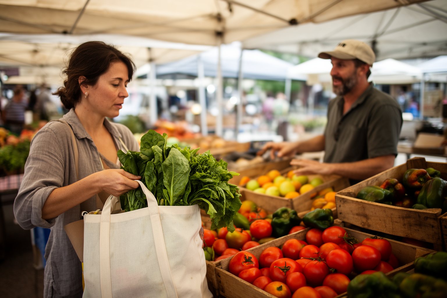 Vegan Eats in Austin: Food Trucks, Brunch and Bakeries Shopper filling a tote with fresh produce at an Austin farmers market stall