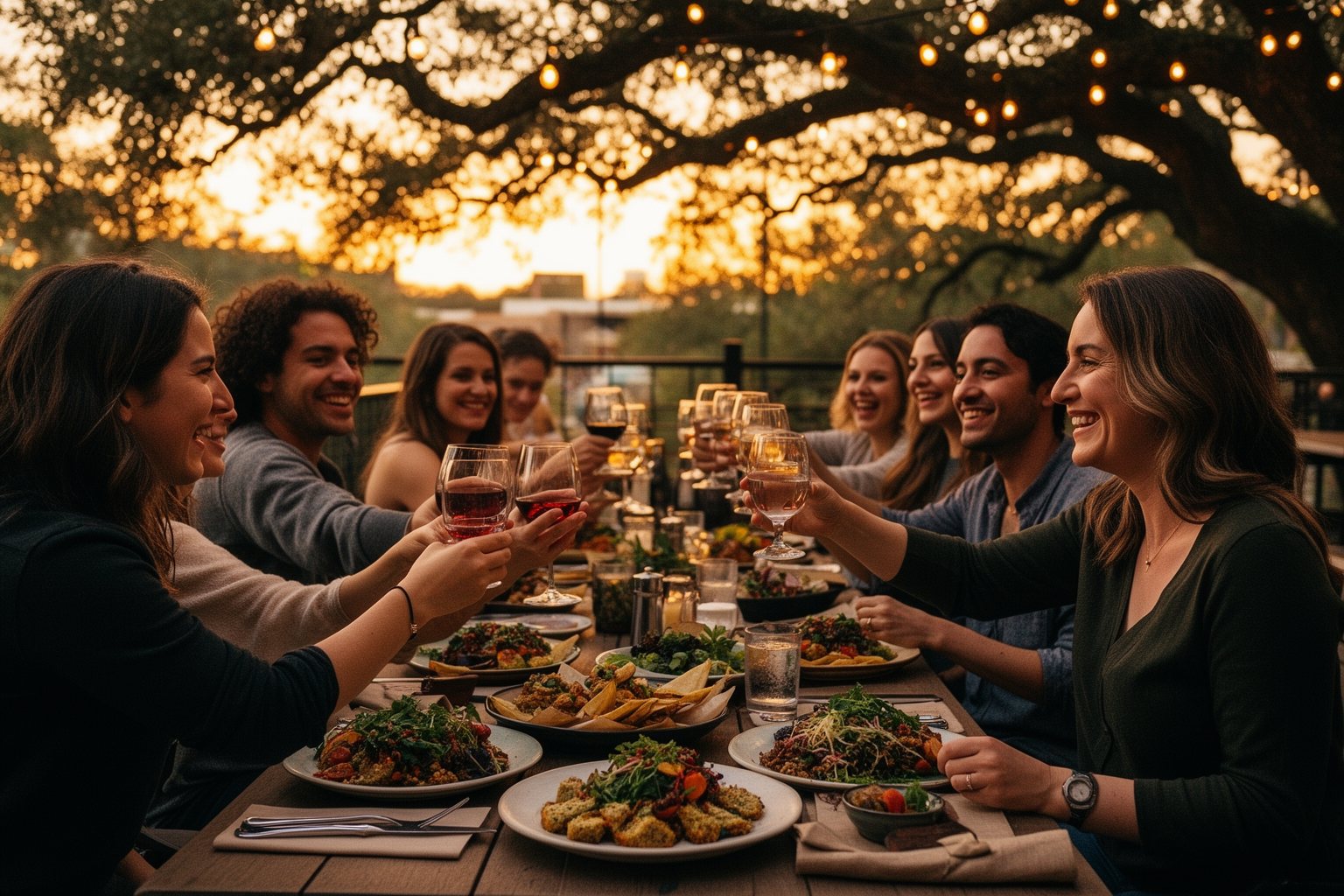 Vegan Eats in Austin: Food Trucks, Brunch and Bakeries Friends sharing a long table of vegan dishes on an Austin patio at sunset