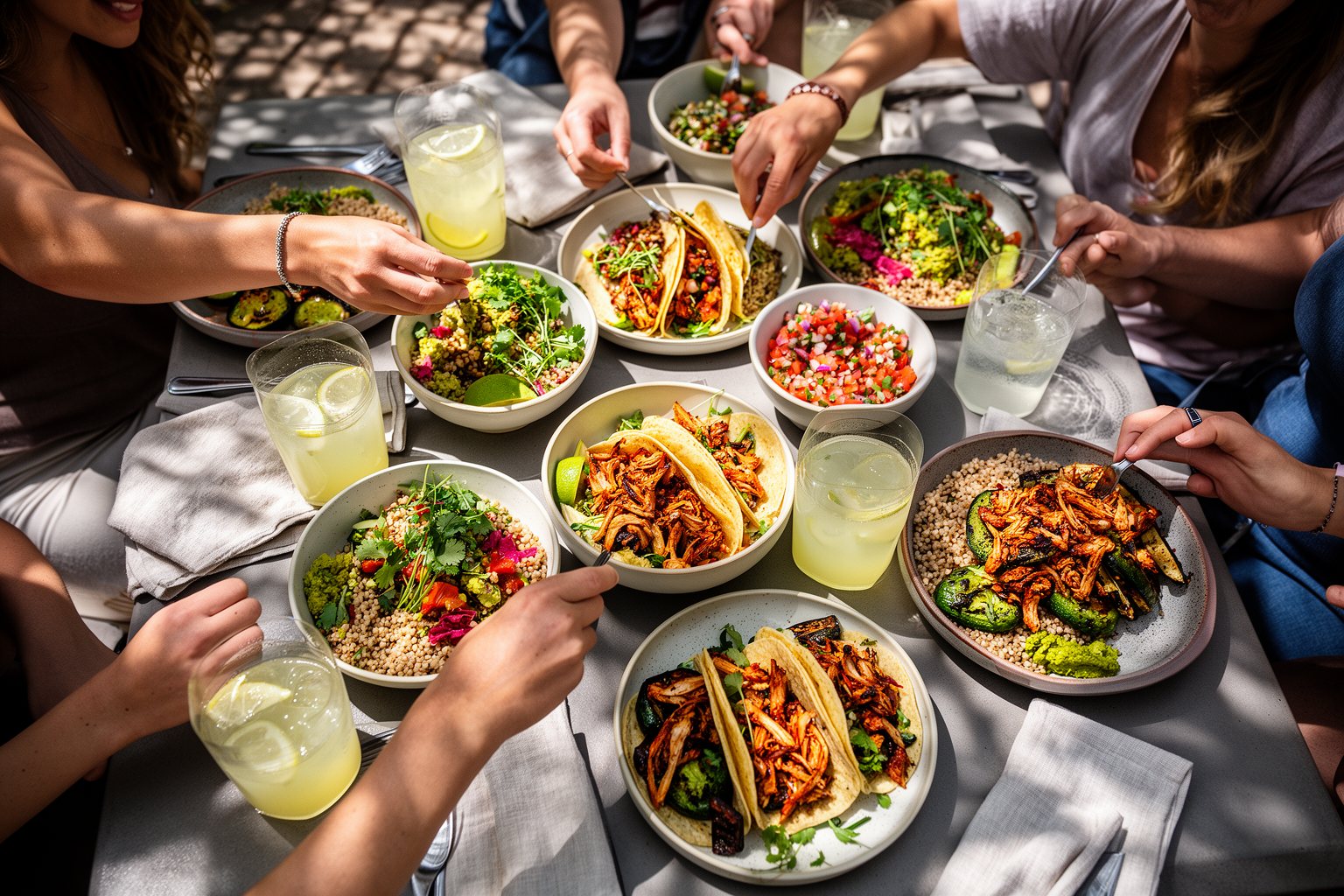 Vegan Eats in Austin: Food Trucks, Brunch and Bakeries Friends sharing colourful plant-based dishes on a sunny patio table in Austin