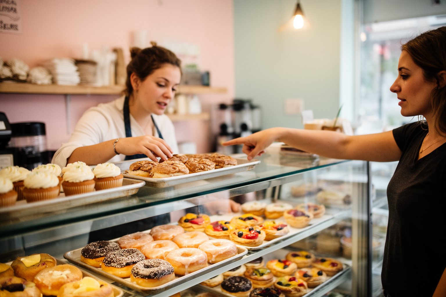 Vegan Eats in Austin: Food Trucks, Brunch and Bakeries Baker arranging vegan cupcakes, donuts and pastries in the display case of an Austin bakery