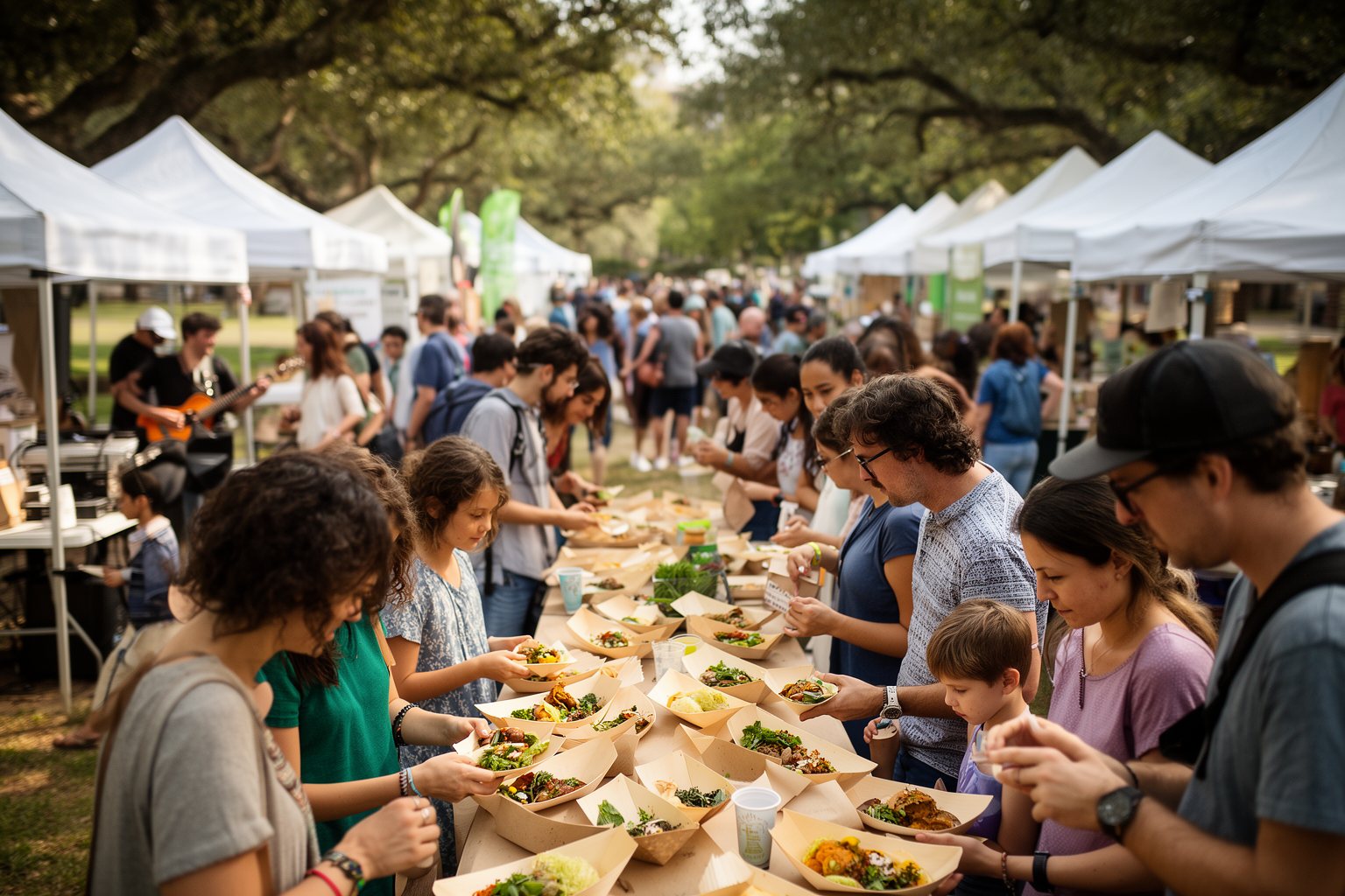 Vegan Eats in Austin: Food Trucks, Brunch and Bakeries Crowd sampling plant-based food at white tents during an outdoor vegan festival in Austin