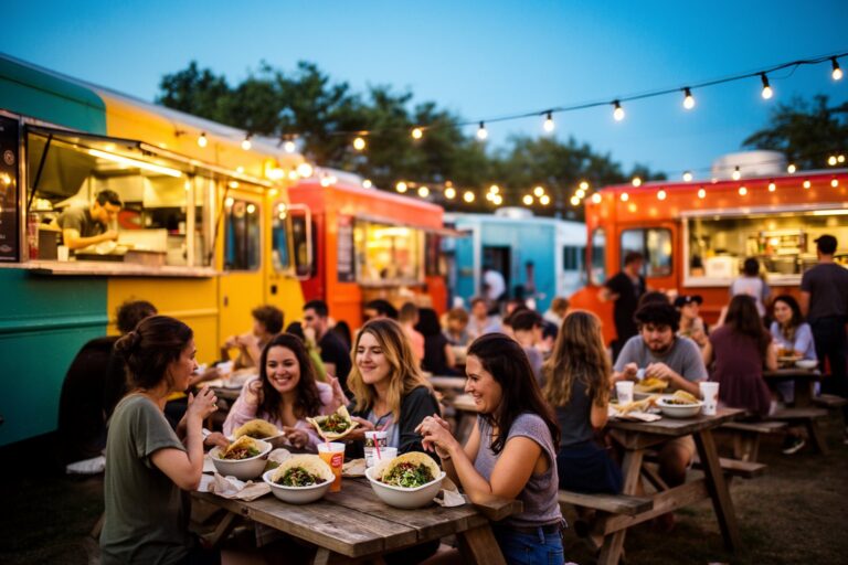 People eating at picnic tables in an Austin food truck park at dusk, a hub for vegan eats in Austin