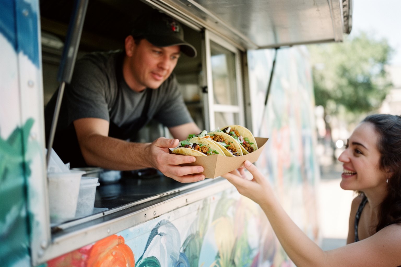 Vegan Eats in Austin: Food Trucks, Brunch and Bakeries Cook handing vegan tacos from a food truck window to a customer in Austin