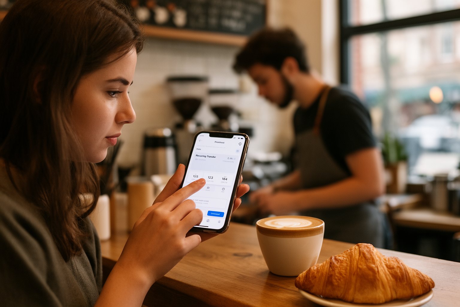 The Silent Money Maker: Passive Income Secrets for a Secure Future Person setting up an automatic savings transfer on a phone at a café counter