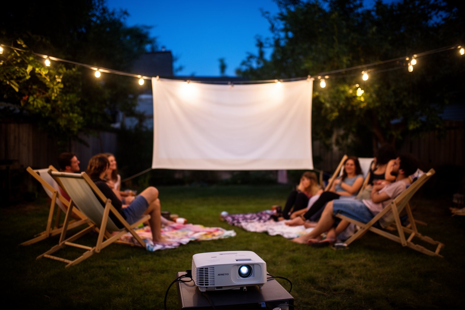 10 Best Movies You've Probably Never Seen Friends watching a film on an outdoor projector screen in a backyard under string lights