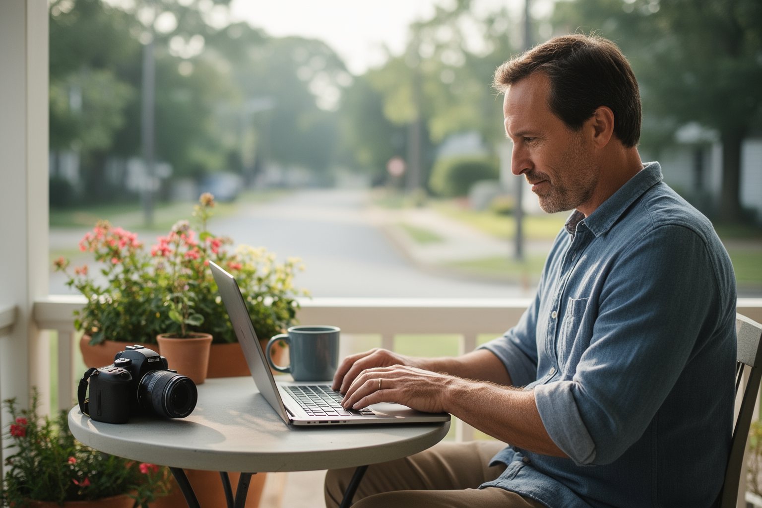 Blogger typing a post on a laptop on a sunny front porch with coffee