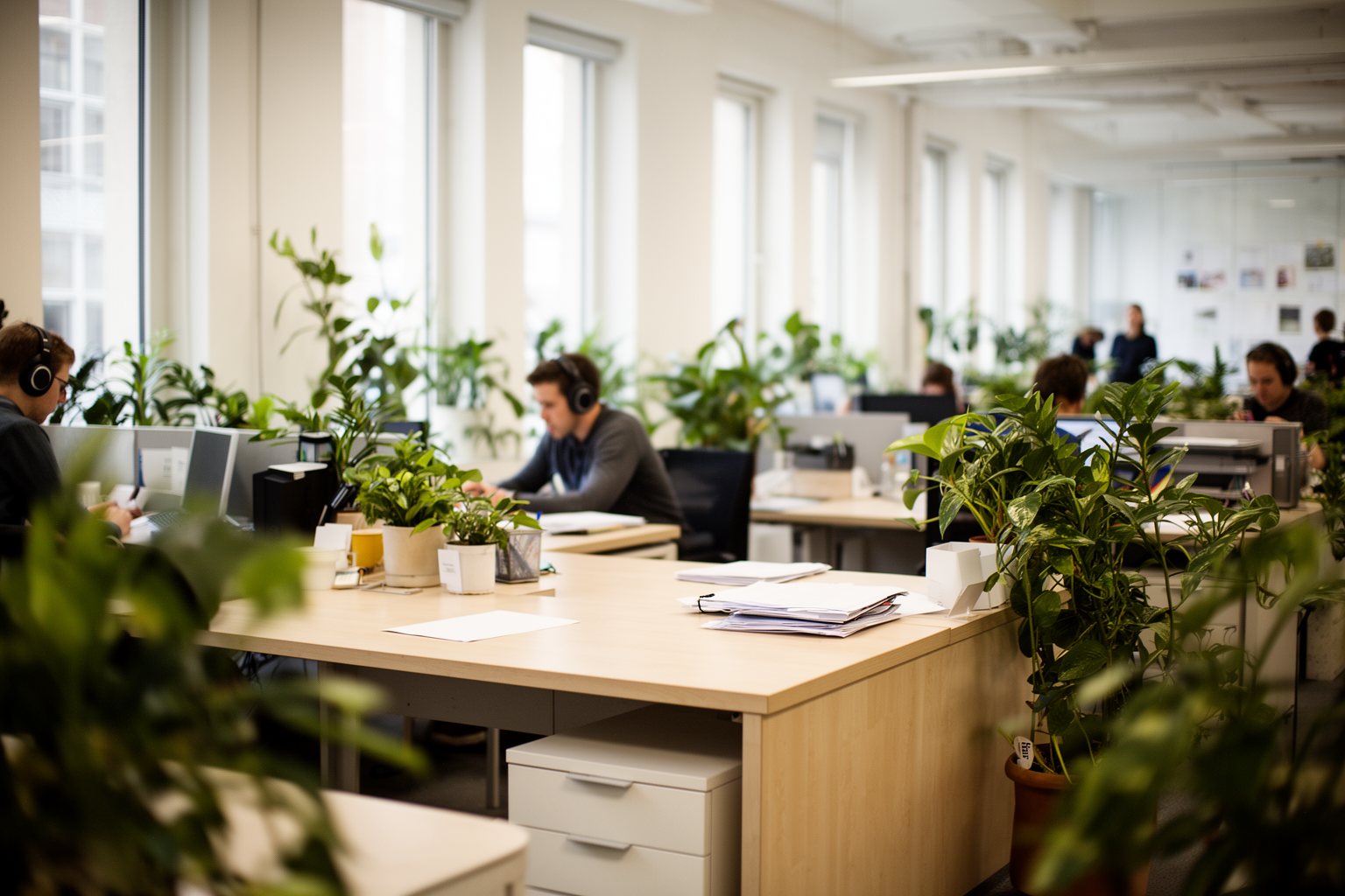 Bright tidy open-plan office with plants where people work quietly