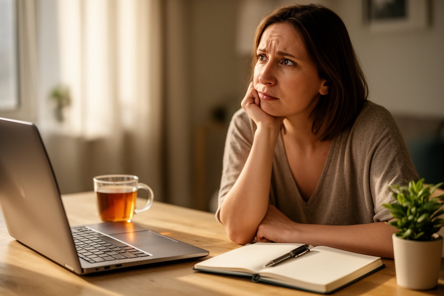 The Art of Building Wealth Woman working on a monthly budget at a home desk with a laptop, notebook and tea