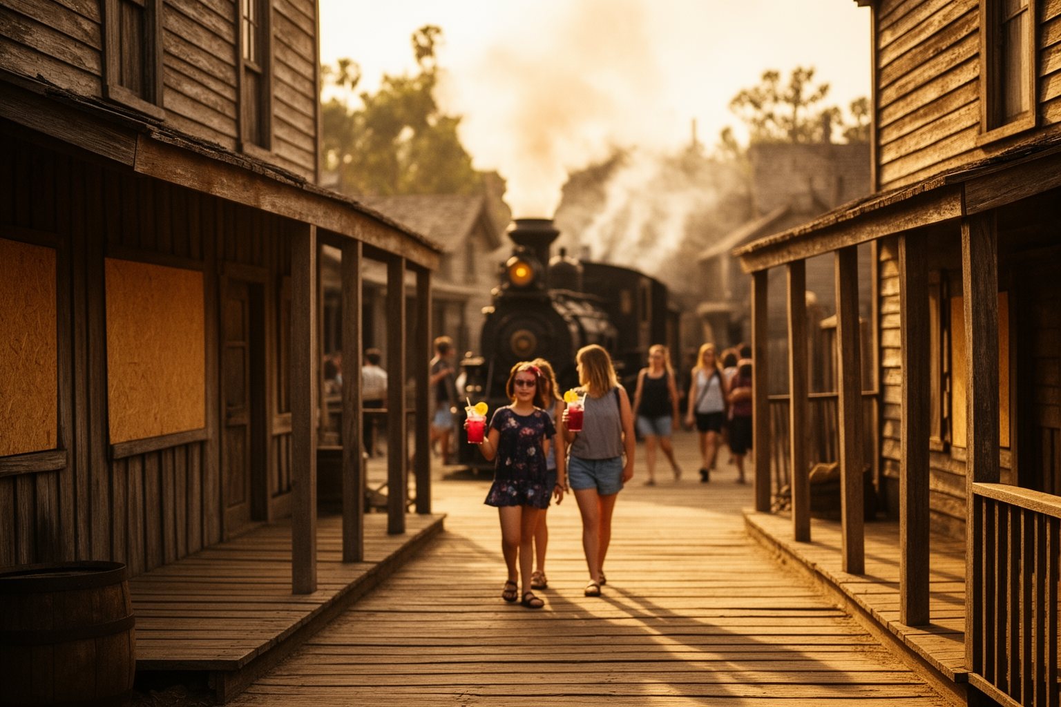5 Best Family-Friendly Theme Parks Near Los Angeles Families on the wooden boardwalks of an Old West town with a vintage steam train in Buena Park