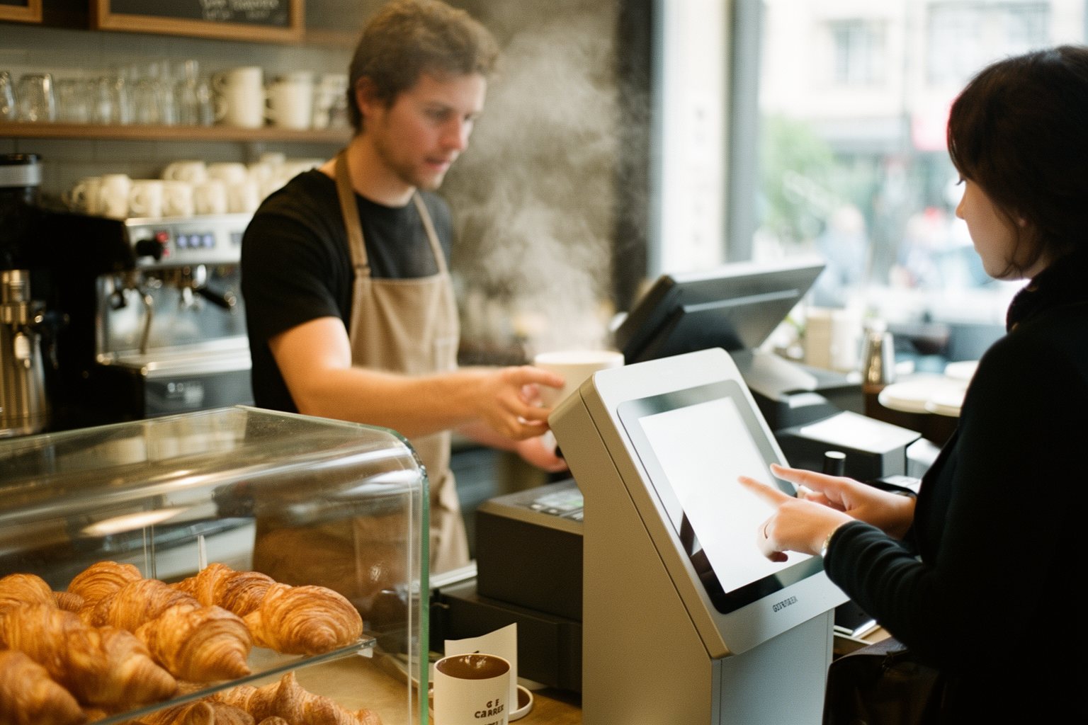 Barista serving customers beside a self-order kiosk in a busy café