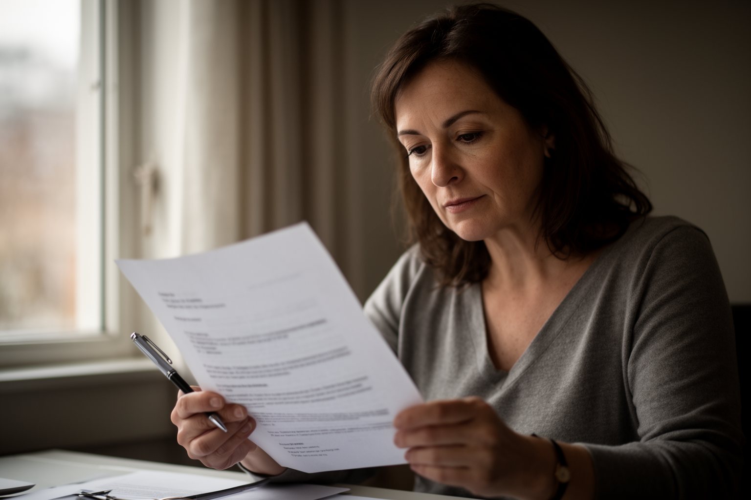 Woman working with calm focus at a quiet desk by a window