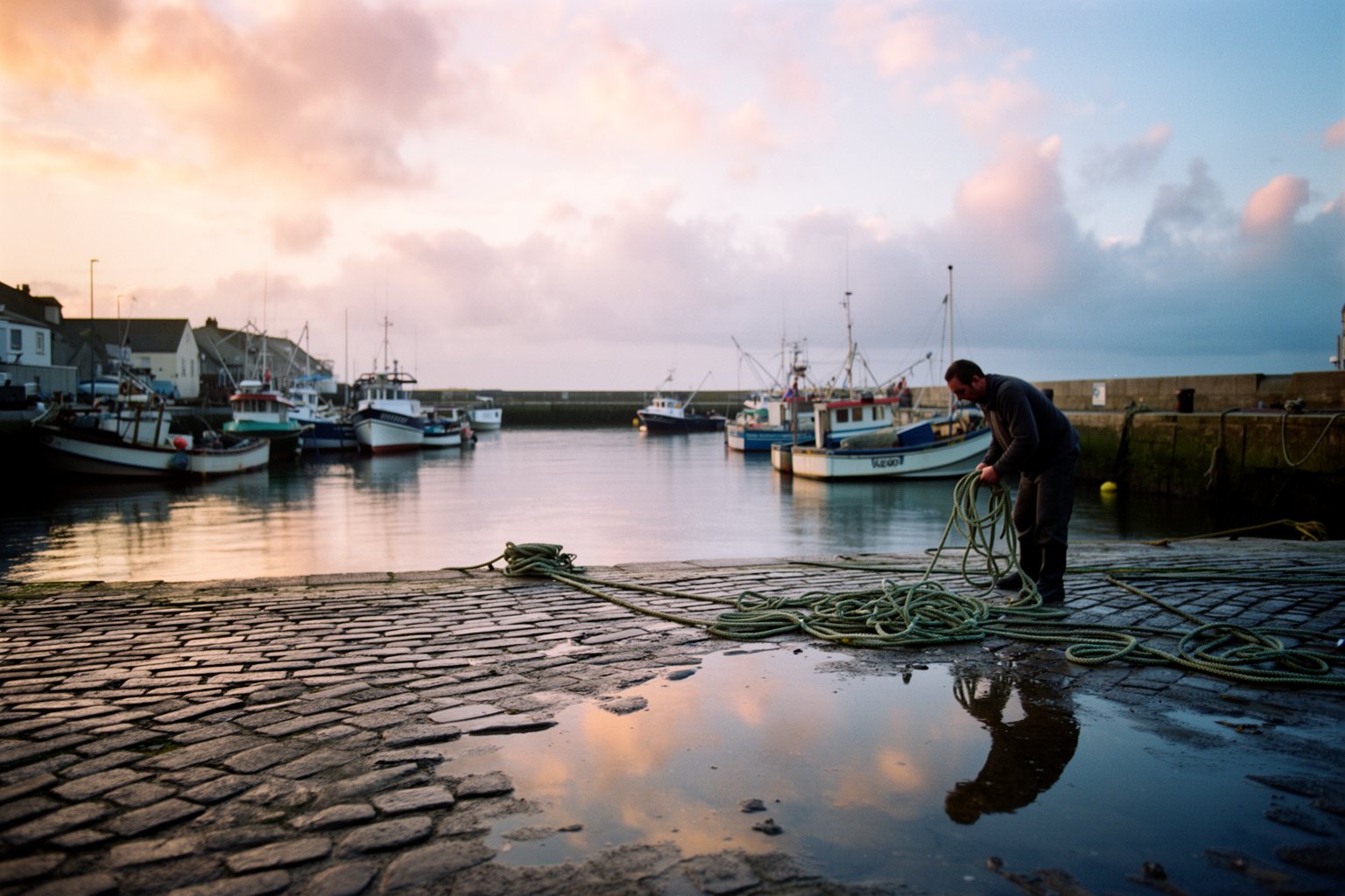 Calm harbour at sunrise after a storm, boats resting on still water