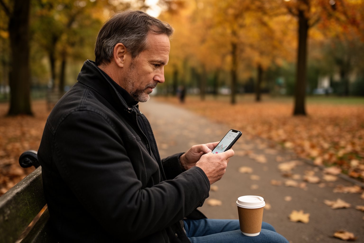 The Secret to Making Money in Your Sleep: Best Passive Income Side Gigs Man glancing at an investment app on his phone while sitting on a park bench in autumn