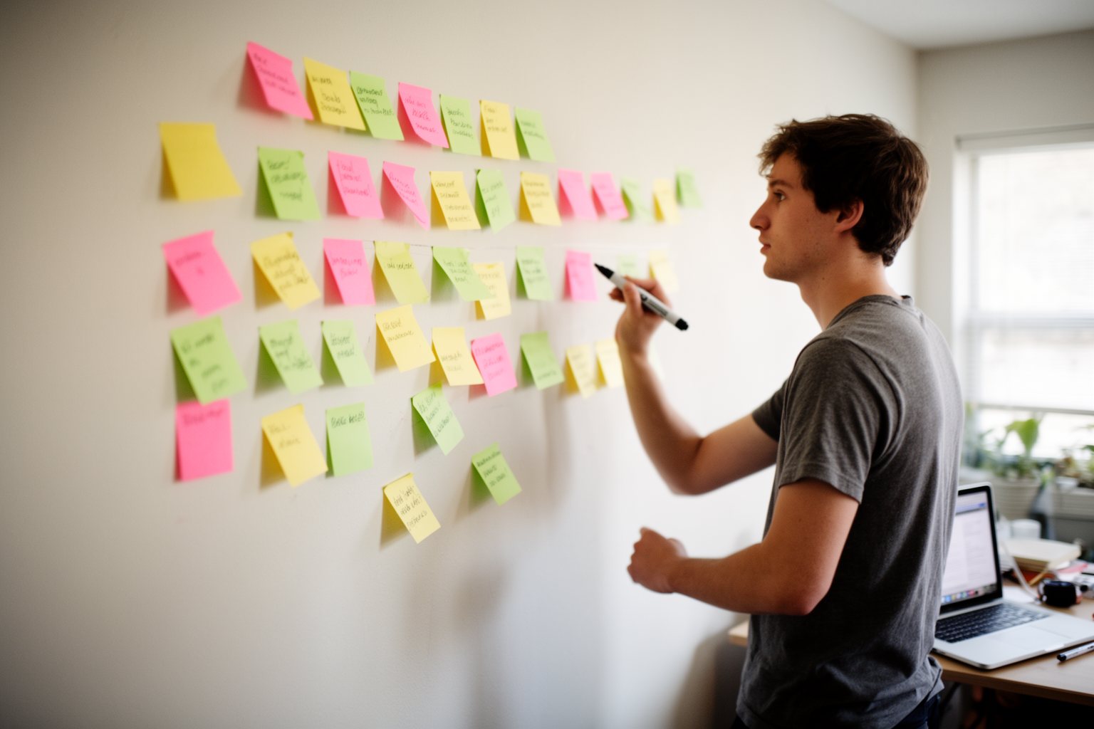 Person arranging sticky notes of side hustle ideas on a wall to choose one